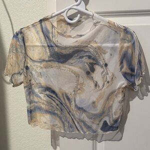Charlotte Russe Sheer Marble-Print Cropped Top in Blue & Cream